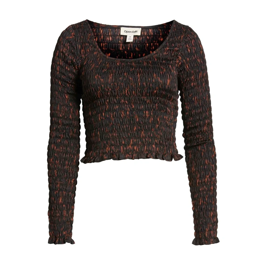 New Open Edit Women's Brown Fall Long Long Sleeve Smocked Crop Top Size Medium